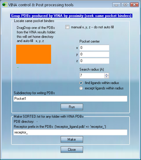 VcPpt cluster docked results by binding pocket or coordinate GUI panel